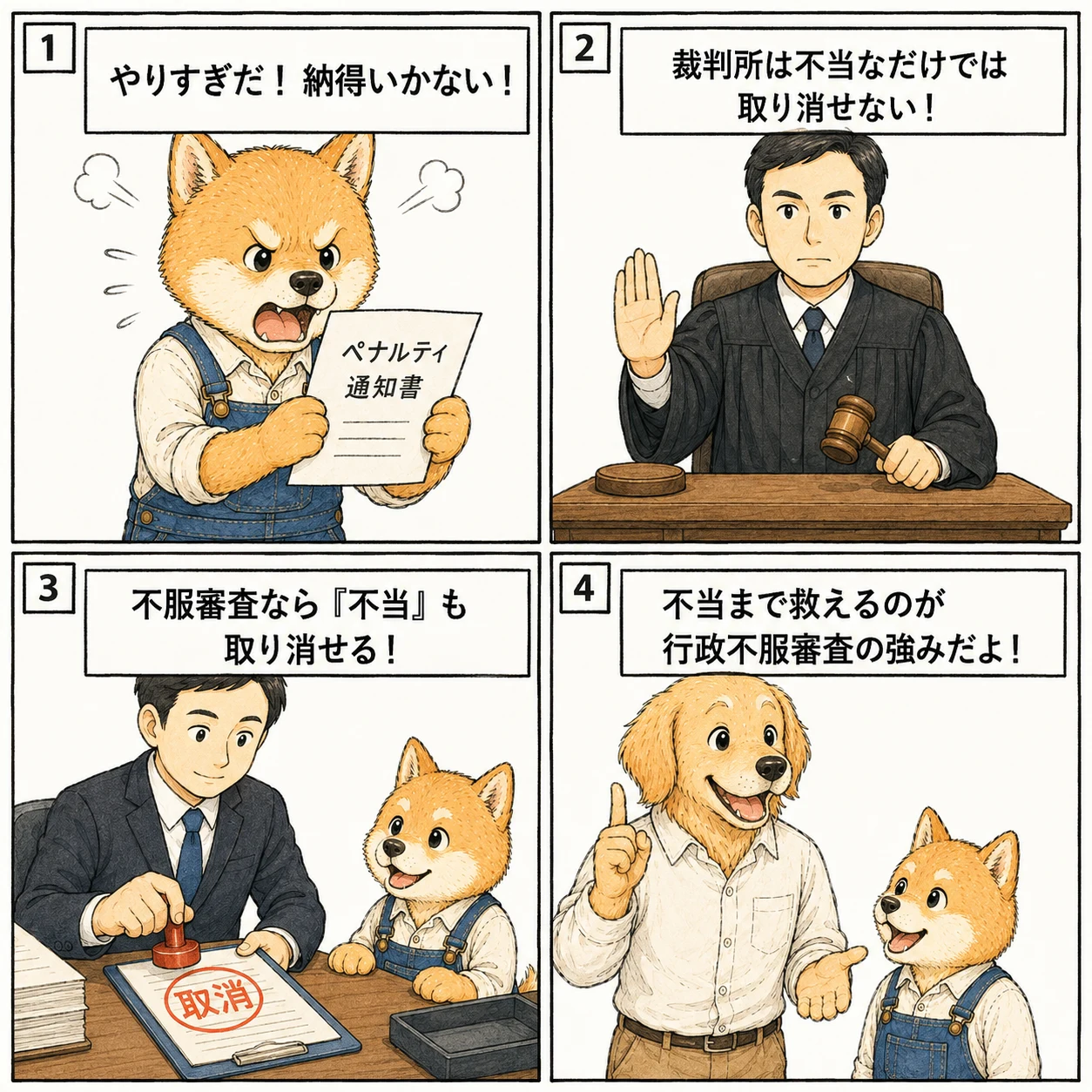 裁判と不服審査の違いを説明する4コマ漫画