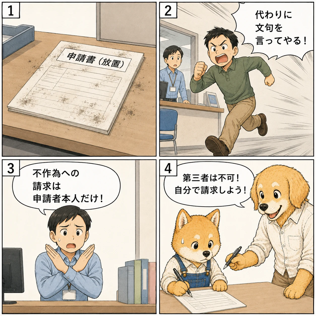 不作為の審査請求は申請者限定であることを説明する4コマ漫画