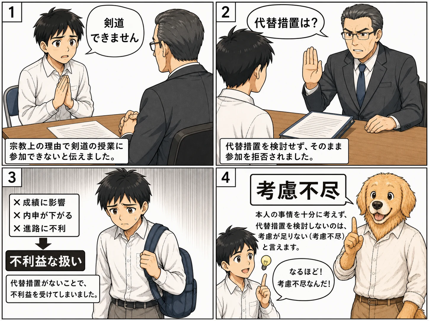 剣道実技拒否事件を説明する4コマ漫画
