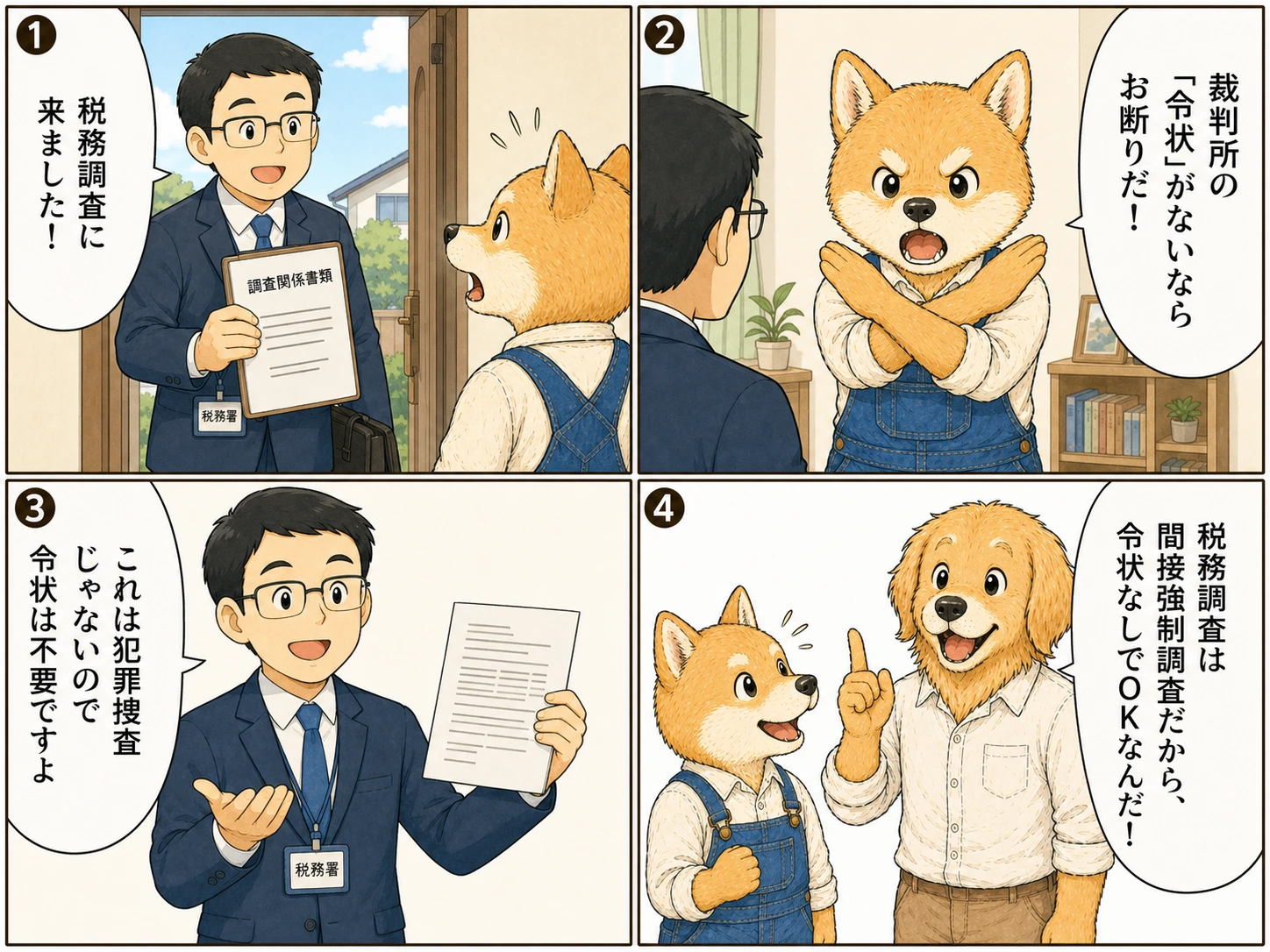 行政調査と令状を説明する4コマ漫画