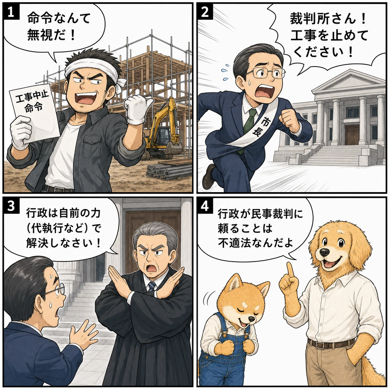 役所は民事裁判を使えないことを説明する4コマ漫画