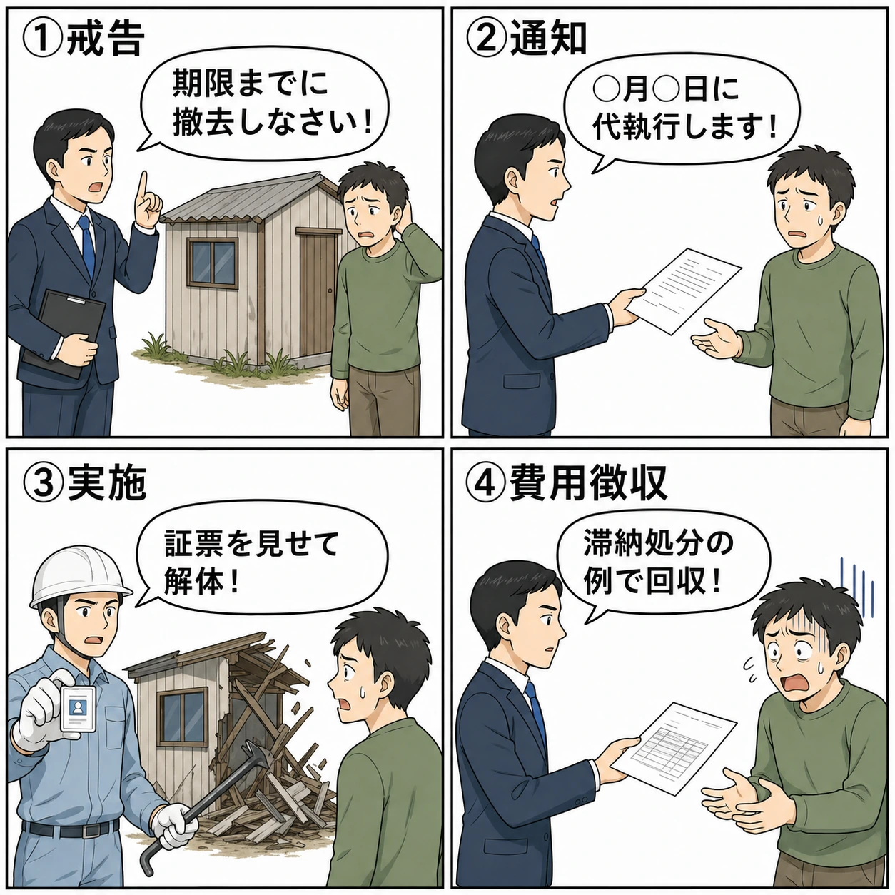 行政代執行の4ステップを説明する4コマ漫画