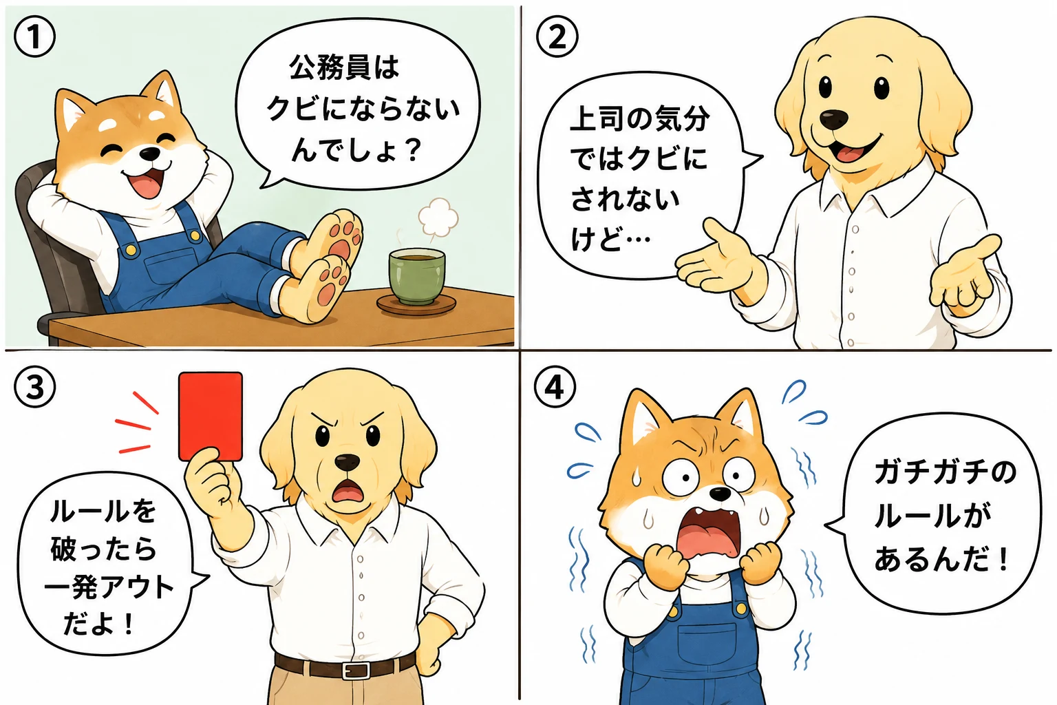 公務員の身分保障とペナルティを説明する4コマ漫画