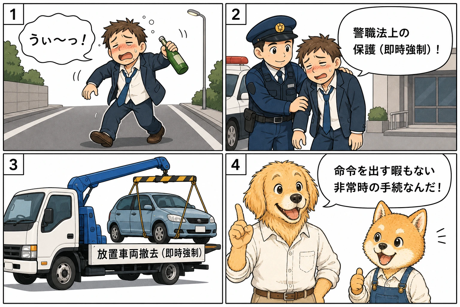 即時強制の具体例を説明する4コマ漫画
