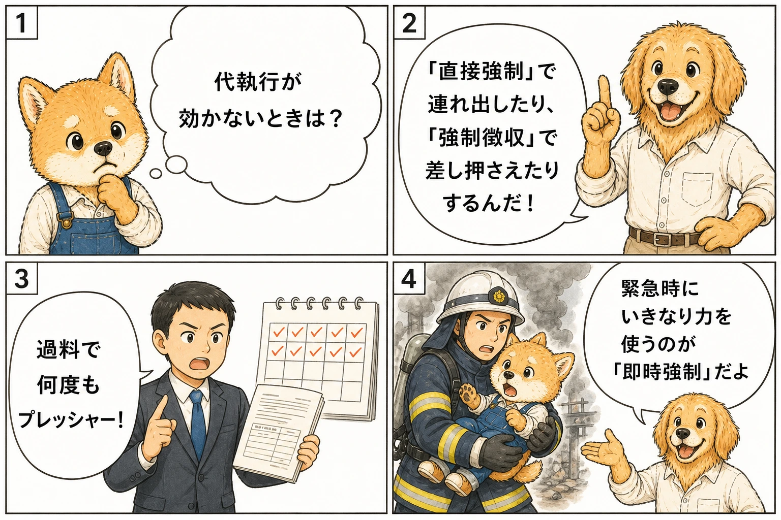 直接強制と即時強制の違いを説明する4コマ漫画