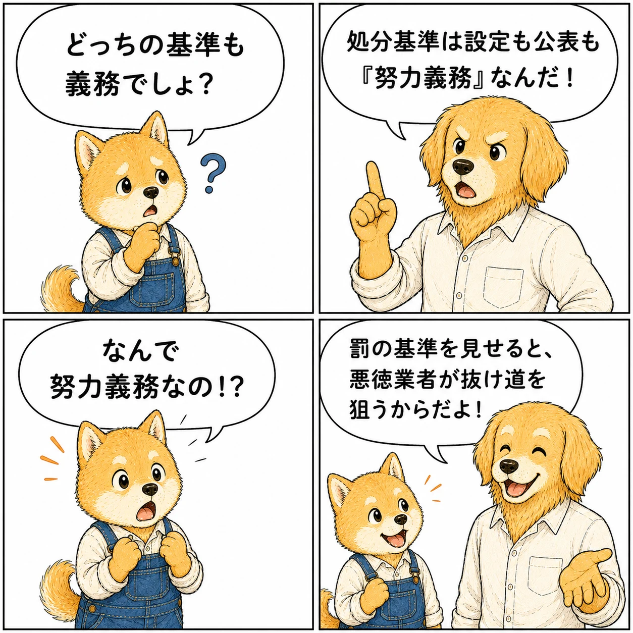 審査基準と処分基準の違いを説明する4コマ漫画