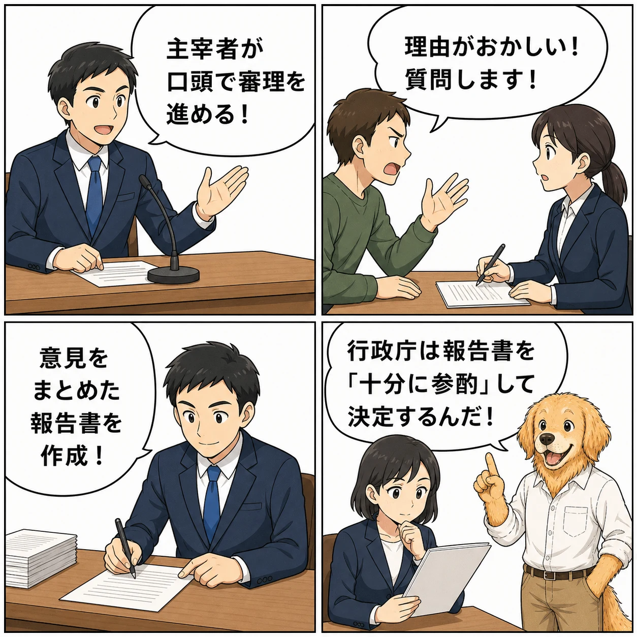 聴聞で主宰者が審理を進め、報告書が作成される流れを説明する4コマ漫画