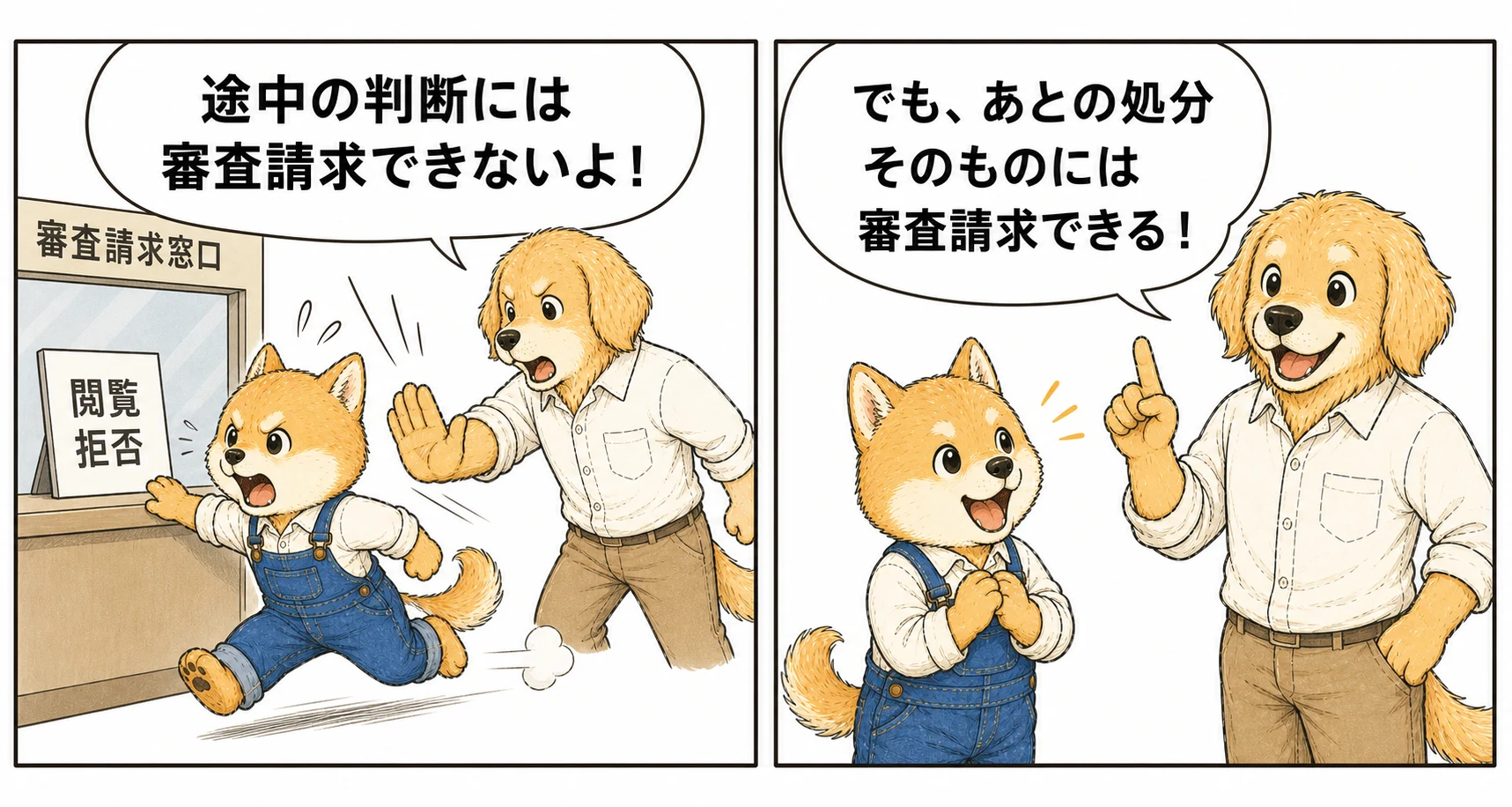 聴聞手続中の判断と聴聞後の処分に対する審査請求の違いを説明する漫画