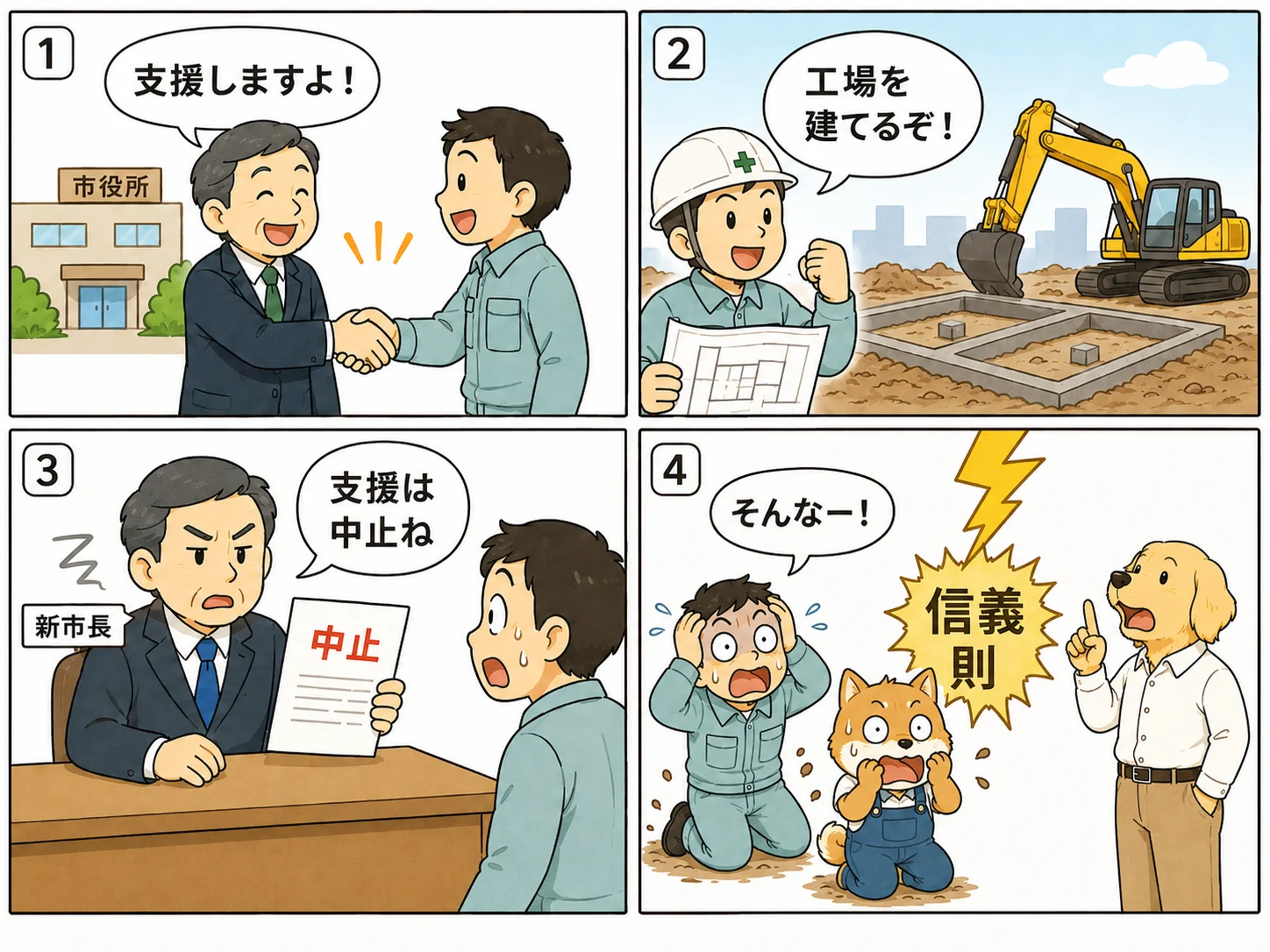 行政の施策変更と信義則を説明する4コマ漫画