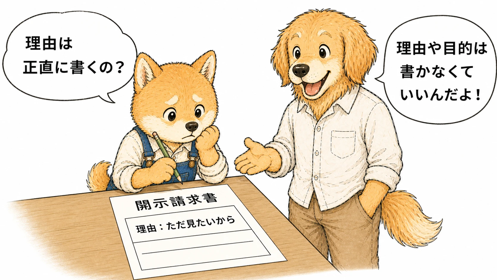 開示請求に理由や目的の記載が不要であることを説明する一コマ漫画