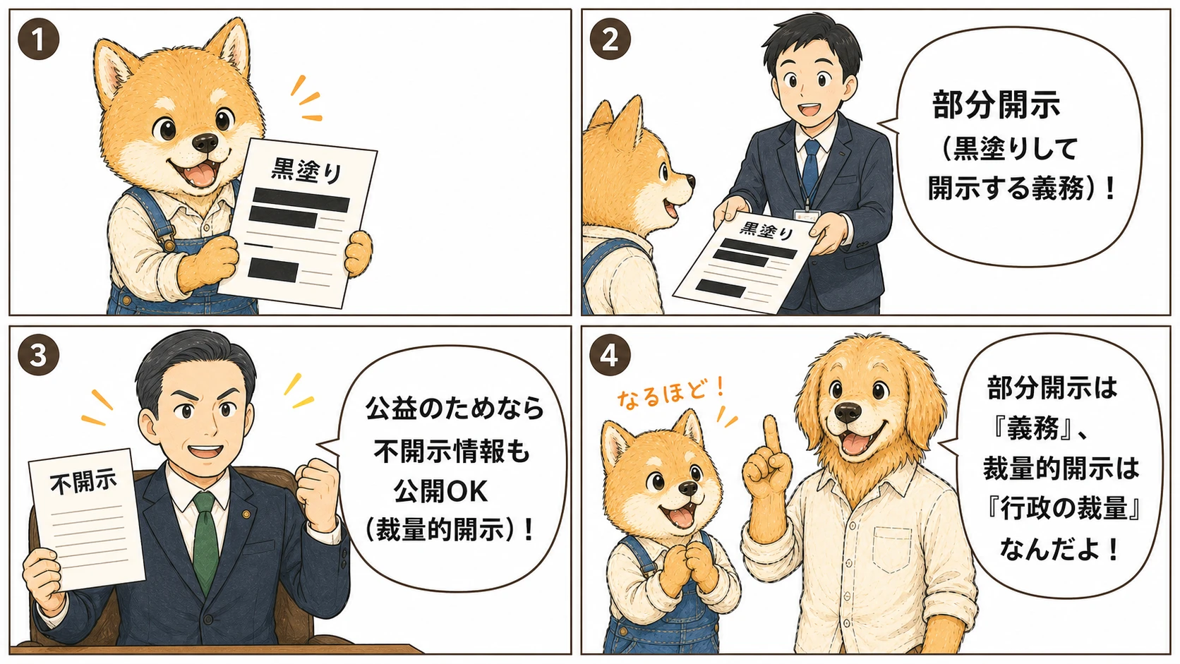 部分開示と裁量的開示の違いを説明する4コマ漫画
