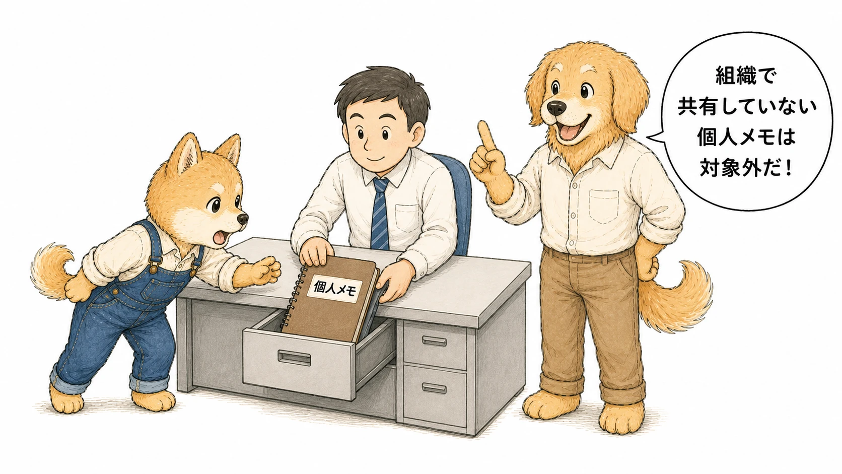 職員個人のメモが行政文書にあたらないことを説明する一コマ漫画
