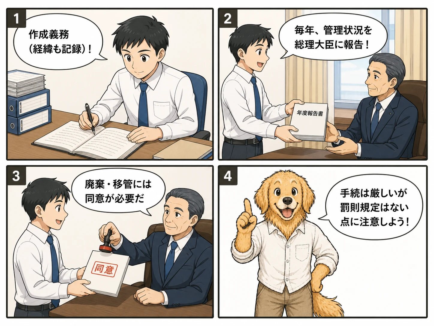 公文書のライフサイクルを説明する4コマ漫画
